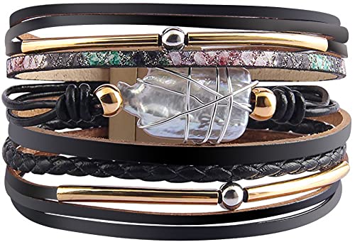 Fesciory Leopard Bracelet for Women, Boho Leather Wrap Multi-Layer Pearl Crystal Bracelet Bangle Jewelry - style: Black Leather(Pearl)
