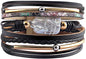 Fesciory Leopard Bracelet for Women, Boho Leather Wrap Multi-Layer Pearl Crystal Bracelet Bangle Jewelry - style: Black Leather(Pearl)