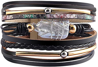 Fesciory Leather Wrap Bracelets for Women, Boho Leopard Multi-Layer Crystal Beads Cuff Bracelet Jewelry - color: Black Leather(Pearl)