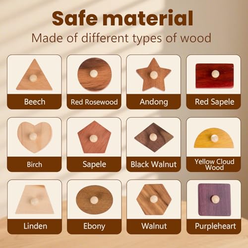 Adena Montessori Wooden Puzzles for Toddlers 1-2, 12 Piece Shape Peg Board with Knobs Educational Learning Toys for 1-2 Year Old Natural Wood Shape Sorter for Babies Durable Montessori Toys