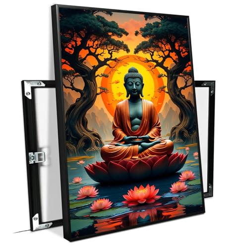 Canvas wall art Golden Buddha on lotus at sunset Ancient trees with reflections on water Serene meditation scene Uplifting wall art for mindfulness and tranquil home decor 8x12in Metal blackFramed - color: Buddha statue sitting on lotus 2, size: 8x12in Bl