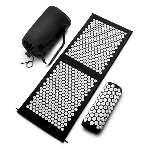 Sivan Health and Fitness Acupressure Mat and Pillow Set - Grounding Mat for Stress, Back & Neck Pain - Acupuncture Point Massage Mat for Muscle Relaxation, Sciatica, & Meditation - Includes Carry Bag - color: Black/White, size: XL