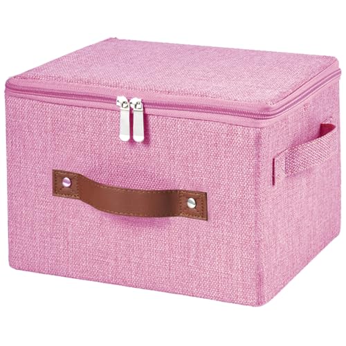 Storage Bins with Zipper Lid Foldable Fabric Lidded Storage Boxes Baskets Cubes Washable Collapsible PU Leather Handle Cotton Linen Shelves Closet Organizer Container(Pink, Small Size) - color: Pink, size: Small ( Set of 1 )
