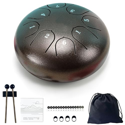 TUOKING Steel Tongue Drum 6 Inch 8 Notes D Major Rain Drum with Carry Bag,Hand pan Drum Mallet and Music Book - Perfect Zen Meditation Instrument, Gift for Beginners & Adults(Bronze) - color: Bronze, size: 6 Inch 8 Notes