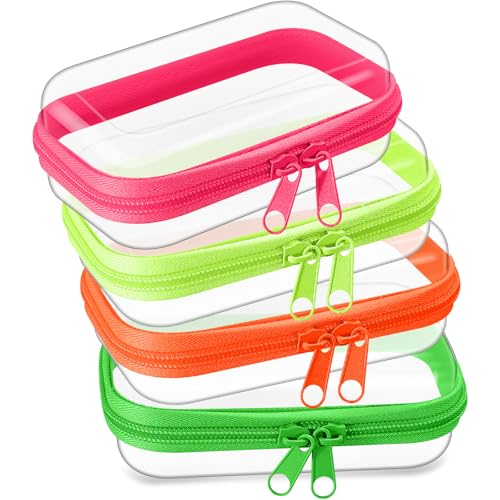 Hoolerry 4 Pcs Hard Clear Zipper Case Makeup Bags Plastic Zipper Pouch Transparent Storage Box Containers for Cosmetics, Snacks, Building Blocks, Puzzles(Clear,5 x 3 x 2 in,Fluorescent) - color: Fluorescent, size: 5 x 3 x 2 in