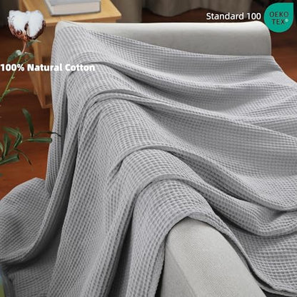 100% Cotton Waffle Blanket (Gray - Twin Size - 66 * 90''), Pre-Washed and Anti-Shrinkage Soft Lightweight Bed & Couch Blanket, 380 GSM Waffle Weave Throw Blanket for All Seasons - color: Light Grey, size: Twin (66"*90")