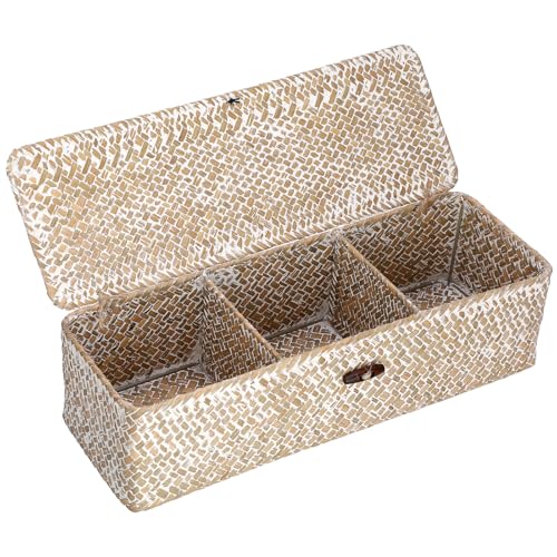 Hipiwe Storage Basket with Lid 3 Sections Handwoven Seagrass Basket Rectangular Closet Organizer Bin Multipurpose Storage Box for Bathroom Shelf Kitchen, Whitewash - color: Whitewash, size: Large