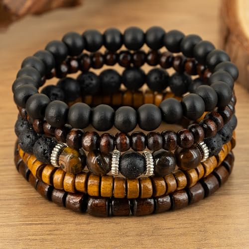 5-Piece Set Wooden Beaded Bracelets, Unisex, Rustic Bohemian Style,Vintage Fashion Jewelry Accessory, for Men and Women
