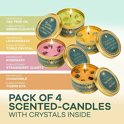 Meditation Candles with Crystals | Natural Aromatherapy Candles for Relaxation & Healing | Stress Relief Candles for Yoga, Meditation & Self Care | 5oz Each 4 Pack Gift Set