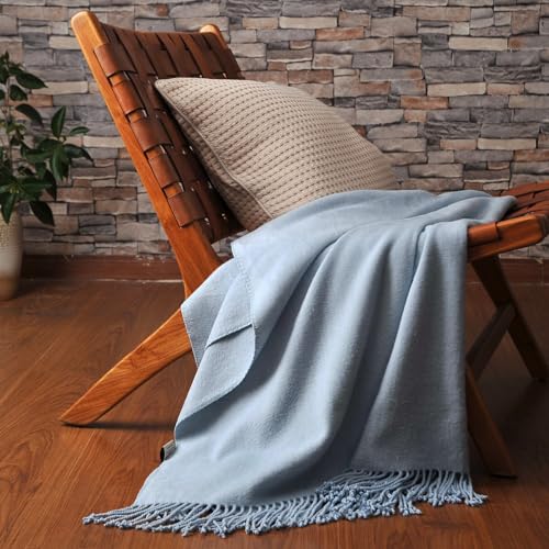 CUDDLE DREAMS Silk Throw Blanket with Hand-Knotted Fringe, Natural, Soft & Breathable (Blue) - color: Blue
