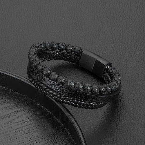 FOCOOG Leather Bead Bracelets for Men, Natural Tiger Eye Lava Rock Stone Bead Magnetic Clasp Adjustable Leather Bracelets Stress Relief Mens Anxiety Bracelet Mens Jewelry Gifts - style: Black Leather-Lava Rock Bead
