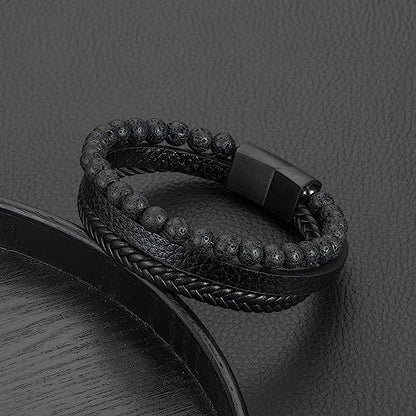 FOCOOG Leather Bead Bracelets for Men, Natural Tiger Eye Lava Rock Stone Bead Magnetic Clasp Adjustable Leather Bracelets Stress Relief Mens Anxiety Bracelet Mens Jewelry Gifts - style: Black Leather-Lava Rock Bead