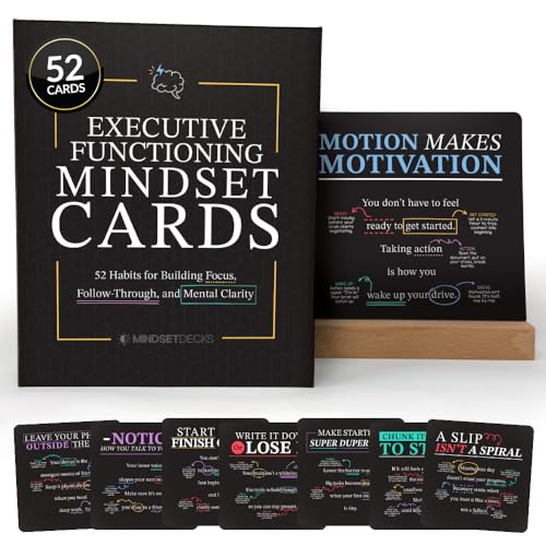 Executive Functioning Cards – 52 Daily Habit & Focus Cards for Organization, Time Management & Self-Control – For Kids, Teens & Adults – Includes Wooden Display Stand - style: Executive Functioning