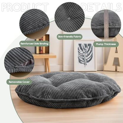 35" Washable Floor Pillow Cushion for Adults, Meditation Cushion Pillow, Extra Large Round Floor Sitting, Removable Tufted Corduroy Cover, for Tatami Living Room or Yoga, Dark Grey, Machine Washable