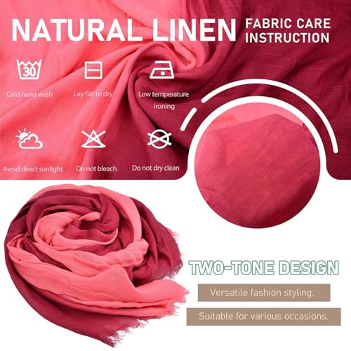 Two-tone Linen Scarf for Women Lightweight Summer Wrap Cotton Shawl Beach Travel Pashmina Gauze 75"×35" - color: Peach Pink/Burgundy