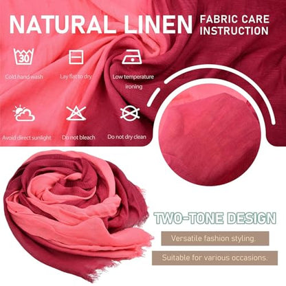 Two-tone Linen Scarf for Women Lightweight Summer Wrap Cotton Shawl Beach Travel Pashmina Gauze 75"×35" - color: Peach Pink/Burgundy