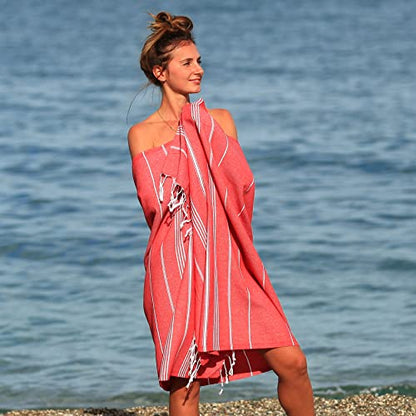 Lina Turkish Beach Towel Peshtemal (38" x 71"), Sand-Free, Large & Quick-Dry, Lightweight Pool Towels for Travel, Soft 100% Turkish Cotton & Pre-Washed, Ideal for Spa or Bath, Red - color: Red
