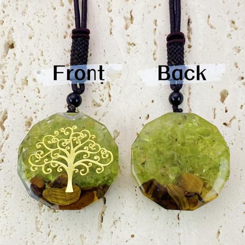 EDEN'S CALL Orgone Necklace, Tree of Life Orgonite Healing Crystal Stone Pendant Necklace for Spiritual Healing and Meditation Energy Talisman Sacred Geometry Tiger's Eye Necklaces - color: Clear Green/Peridot + Tiger's Eye