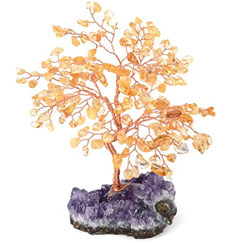 Natural Citrine Crystal Tree with Amethyst Geode Base,Crystal Ornaments Feng Shui Bonsai Money Tree,Chakra Balancing Positive Energy Figurings Decor 5.5"-6.3" - color: Citrine With Amethyst Cluster Base