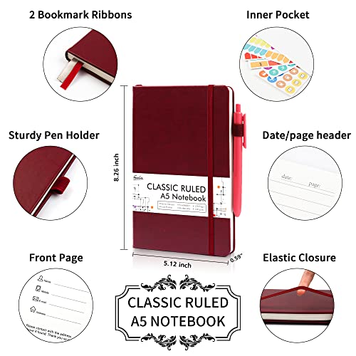 feela 3 Pack Notebooks Journals Bulk with 3 Black Pens, A5 Hardcover Notebook Classic Ruled Lined Journal Set with Pen Holder for Work Business Journaling Note Taking, 120 GSM, 5.1”x8.3”, Wine - color: 3 Pack wine