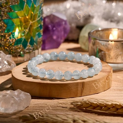 Bivei 8mm Beaded Bracelets for Women Handmade Semi Precious Natural Stone Stretch Elastic Jewelry Yoga Protection Gifts - color: Aquamarine - Calmness, size: Medium 6.8-7.3 inch