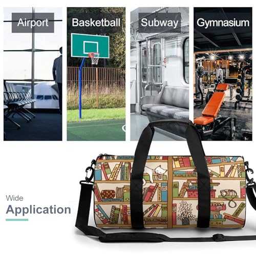 Sleeping Cat Library Bookshelf Cylindrical Portable Fitness Bag, Large Capacity Handbag - color: sleeping cat library bookshelf