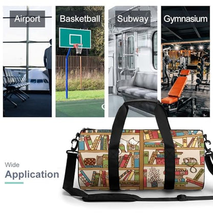 Sleeping Cat Library Bookshelf Cylindrical Portable Fitness Bag, Large Capacity Handbag - color: sleeping cat library bookshelf