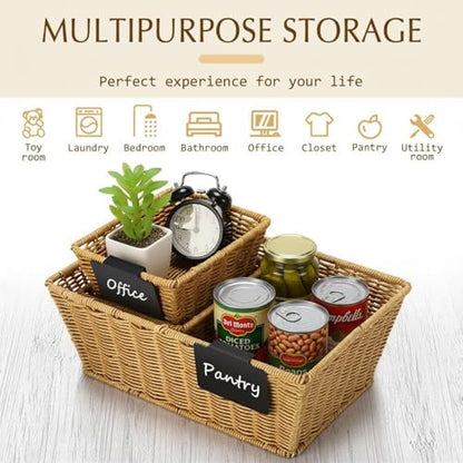 6 Pcs Wicker Storage Baskets with Labels Handwoven Multi-size Natural Wicker Storage Bins for Organizing Small Baskets Container for Shelves Closet Pantry Toilet(Natural)