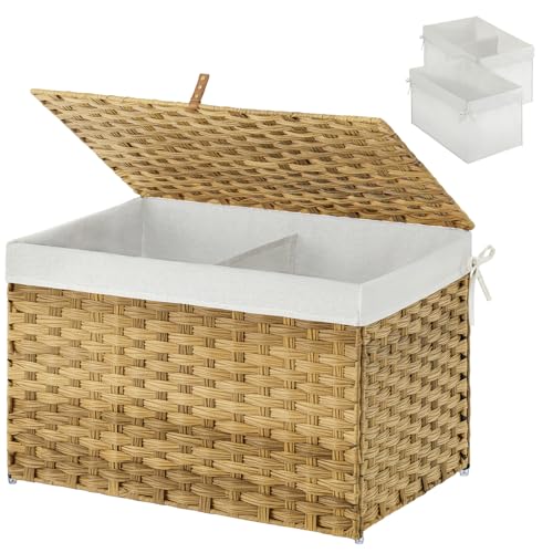 GREENSTELL Storage Basket with Lid, 17.2 Gallon(65L) Small Wicker Blanket Storage Basket with Handles, Foldable, 2 Removable Liner Bags, Metal Frame, for Bedroom, Laundry Room, Natural - color: Natural, size: 65L: 22.2*13.4*13.4 Inches
