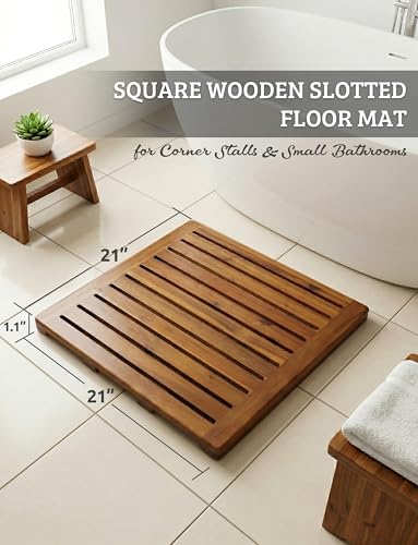Acacia Wood Shower Mat 21x21 Inches by Demigo, Luxury Bath Mat Non Slip for Bathroom Bathtub Shower Spa Garden Home, Wooden Floor Mat Square Large for Outdoor and Indoor - size: 21" x 21" (Square)