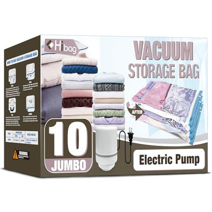 HIBAG Vacuum Storage Bags with Electric Pump, Vacuum Seal Bags for Clothing, Pillows, Blanket Bedding Comforters, 10 pack Jumbo - size: JUMBO