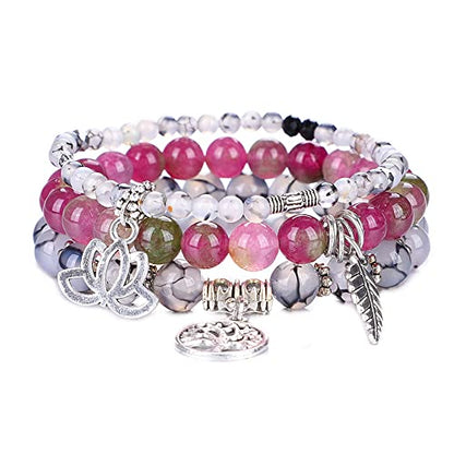Tree of Life Yoga Healing Stone Bracelets,Multilayer Lotus Chakra Stone Reiki Bracelet Sets,Anxiety Crystal Natural Stone,for Women Stress Relief - style: Dragon pattern + flower jade