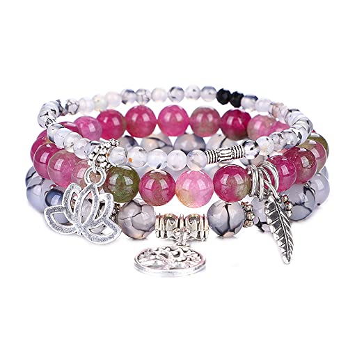 Tree of Life Yoga Healing Stone Bracelets,Multilayer Lotus Chakra Stone Reiki Bracelet Sets,Anxiety Crystal Natural Stone,for Women Stress Relief - style: Dragon pattern + flower jade