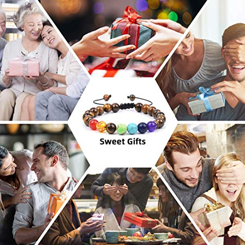 GelConnie Lava Rock Chakra Bracelet 7 Chakra 8mm Natural Stone Healing Bracelet Stress Relief Yoga Beads Anxiety Bracelet Aromatherapy Essential Oil Diffuser Bracelet Bangle - color: B-Tiger Eye Braided