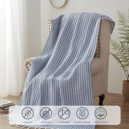 SE SOFTEXLY Muslin Blanket Throw 50x60, Jacquard Summer Cooling Blanket Cozy Organic Egyptian Cotton Bed Spread for Bed Couch Breathable Lightweight Keep Body Cool for Hot Sleepers - color: Vertical Lake Blue