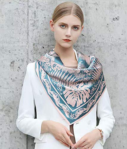 ANDANTINO 100% Pure Mulberry Silk Scarf 35" Large Square Lightweight Headscarf –Women’s Hair Wraps-With Gift Packed - color: Blue & Pink Leaves