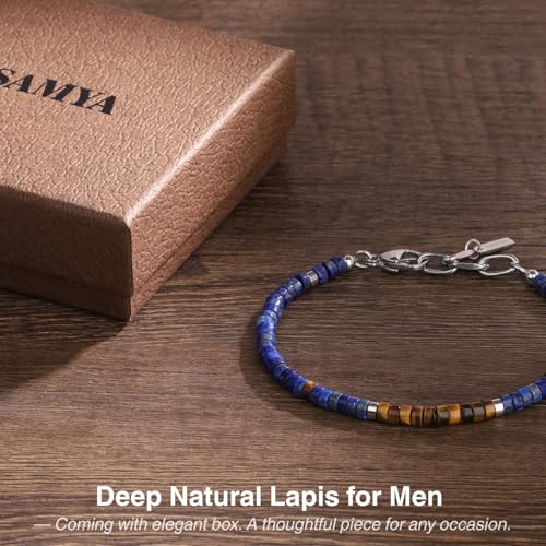 SAMYA Natural Lapis Lazuli Beaded Bracelet for Men – Deep & undyed Lapis Lazuli, 4 ×2mm Heshi Stones, Adjustable Stainless-Steel Clasp