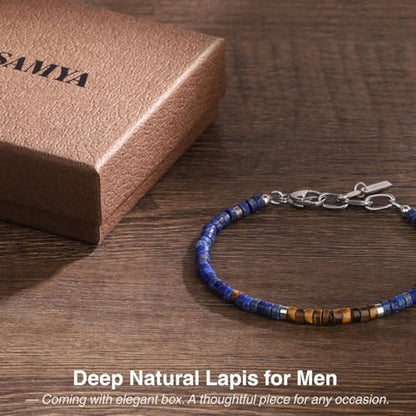 SAMYA Natural Lapis Lazuli Beaded Bracelet for Men – Deep & undyed Lapis Lazuli, 4 ×2mm Heshi Stones, Adjustable Stainless-Steel Clasp