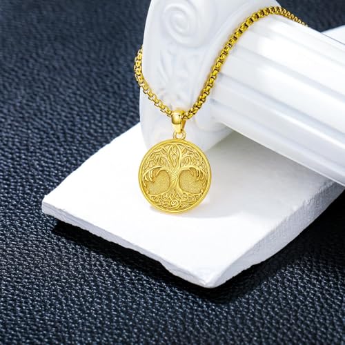 Tree of Life Necklace 925 Sterling Silver Round Tree of Life Pendant Jewelry for Men Women, w/Stainless Steel Chain 22''+2'' - style: A03-Gold