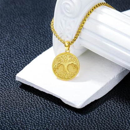 Tree of Life Necklace 925 Sterling Silver Round Tree of Life Pendant Jewelry for Men Women, w/Stainless Steel Chain 22''+2'' - style: A03-Gold