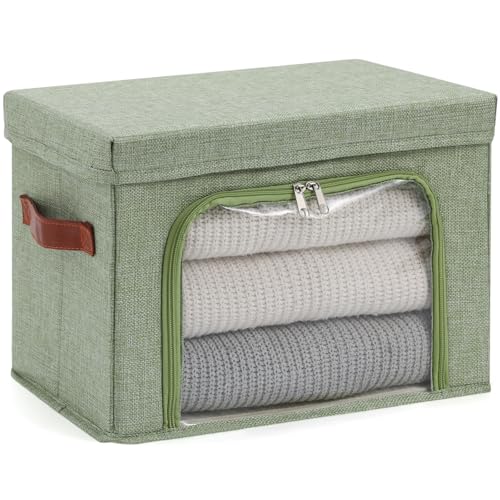 Large Storage Bins Boxes with Lids Clear Window Zipper Closure Decorative Cotton Linen Fabric Baskets with PU Leather Handles PP Board Collapsible Shelf Closet Organizer (Light Green) - color: Light Green, size: Large ( Pack of 1 )