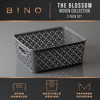BINO l Plastic Storage Baskets, Medium - Grey | THE BLOSSOM COLLECTION l Multi-Use Organizer Bin l Built-in Handles l Plastic Woven Basket for Organizing l Pantry & Home Organizing Basket