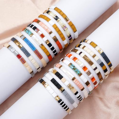 Summer Candy Colors Tila Flat Seed Beads Stretch Strand Bracelet for Women- Trendy Unique Friendship Handmade Mixed Colorful Square Beaded Link Bracelets Stackable Jewelry Gifts - color: 0054A