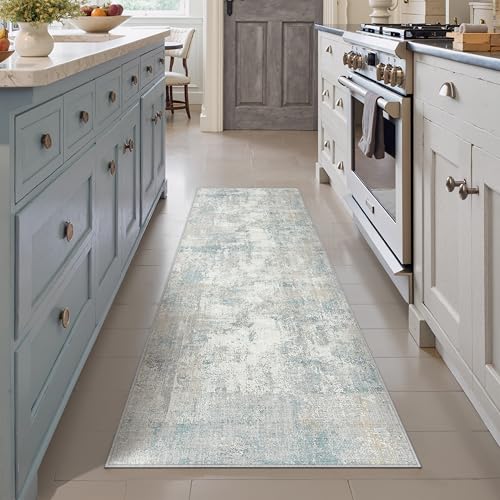 2x6 Washable Runner Rug Blue Cream Abstract Non Slip Soft Low Pile Hallway Kitchen Rug Neutral Modern Carpet for Laundry Bathroom Bedroom Living Room Home Decor - color: Blue/Cream, size: 2' x 6' (Runner)