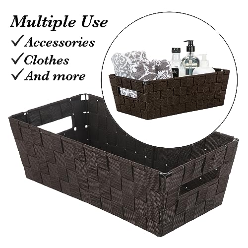 Simplify Extra Long Shelf Woven Strap Tote | Decorative Storage Basket | Built in Handles | Organization | Closet | Bedroom | Bathroom | Nursery | Accessories | Toys | Gifts | 1 Pack | Chocolate