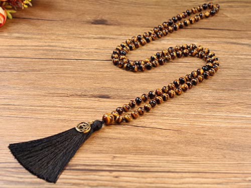 COAI OM Charm Hand Knotted Tassel 108 Mala Beads Necklace - color: Tiger eye, size: 6mm