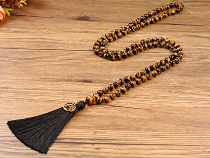COAI OM Charm Hand Knotted Tassel 108 Mala Beads Necklace - color: Tiger eye, size: 6mm
