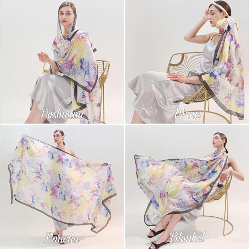 100% Mulberry Extra Large Silk Pashmina Scarf Shawls And Wraps For Women Evening Dress Summer Travel Floral Blanket - color: 76 Yellow