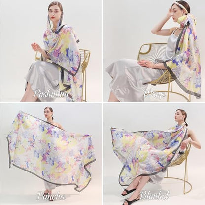 100% Mulberry Extra Large Silk Pashmina Scarf Shawls And Wraps For Women Evening Dress Summer Travel Floral Blanket - color: 76 Yellow