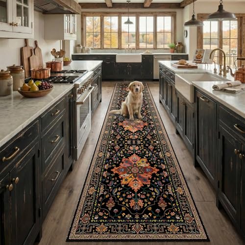 RELEANY Area Rugs Runner 2'x10' Washable Non-Slip, Floral Vintage Distress Medallion Carpet for Kitchen Hallway Bedroom Beside Laundry Room Bathroom, Black Colorful Floral Dark Tan - color: Black/Colorful, size: 2' X 10' (Runner)